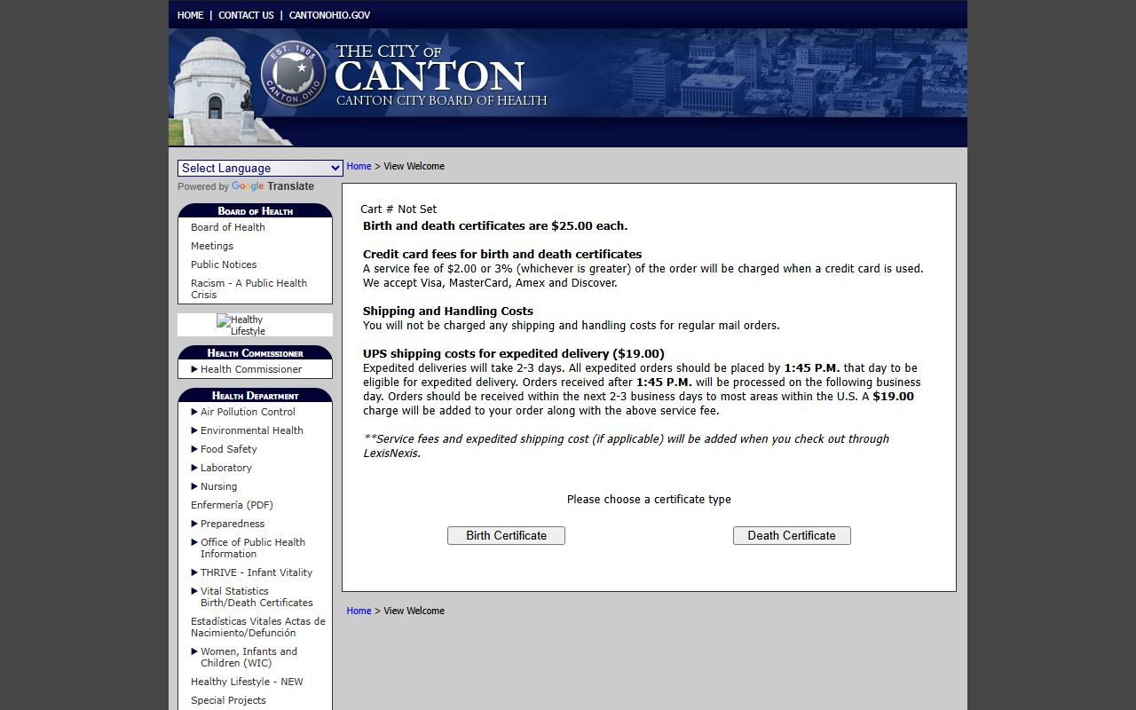 Canton Ohio obituary death certificate ordering portal