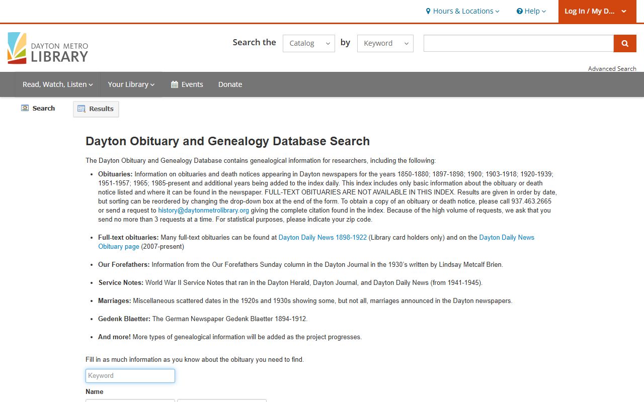 Dayton HOBITS obituary genealogy database search