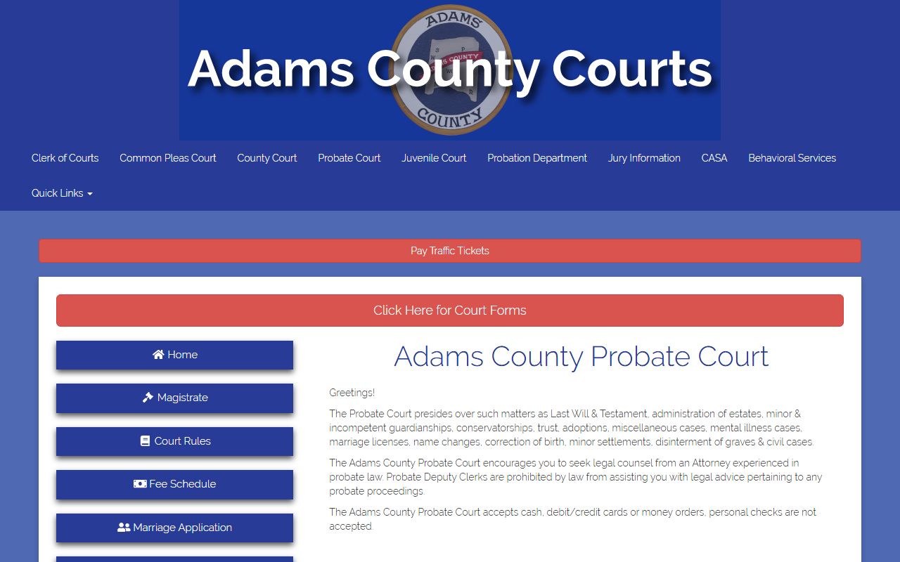 Adams County obituary death records probate court website and record search