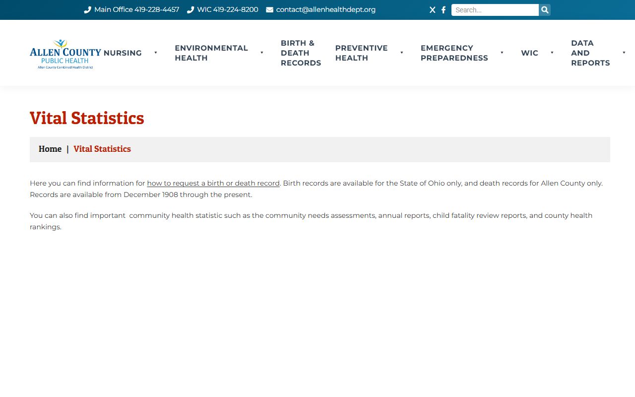 Allen County obituary death records health department vital statistics page