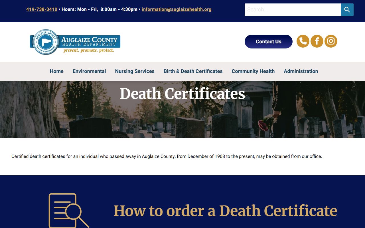 Auglaize County obituary death records health department vital statistics page