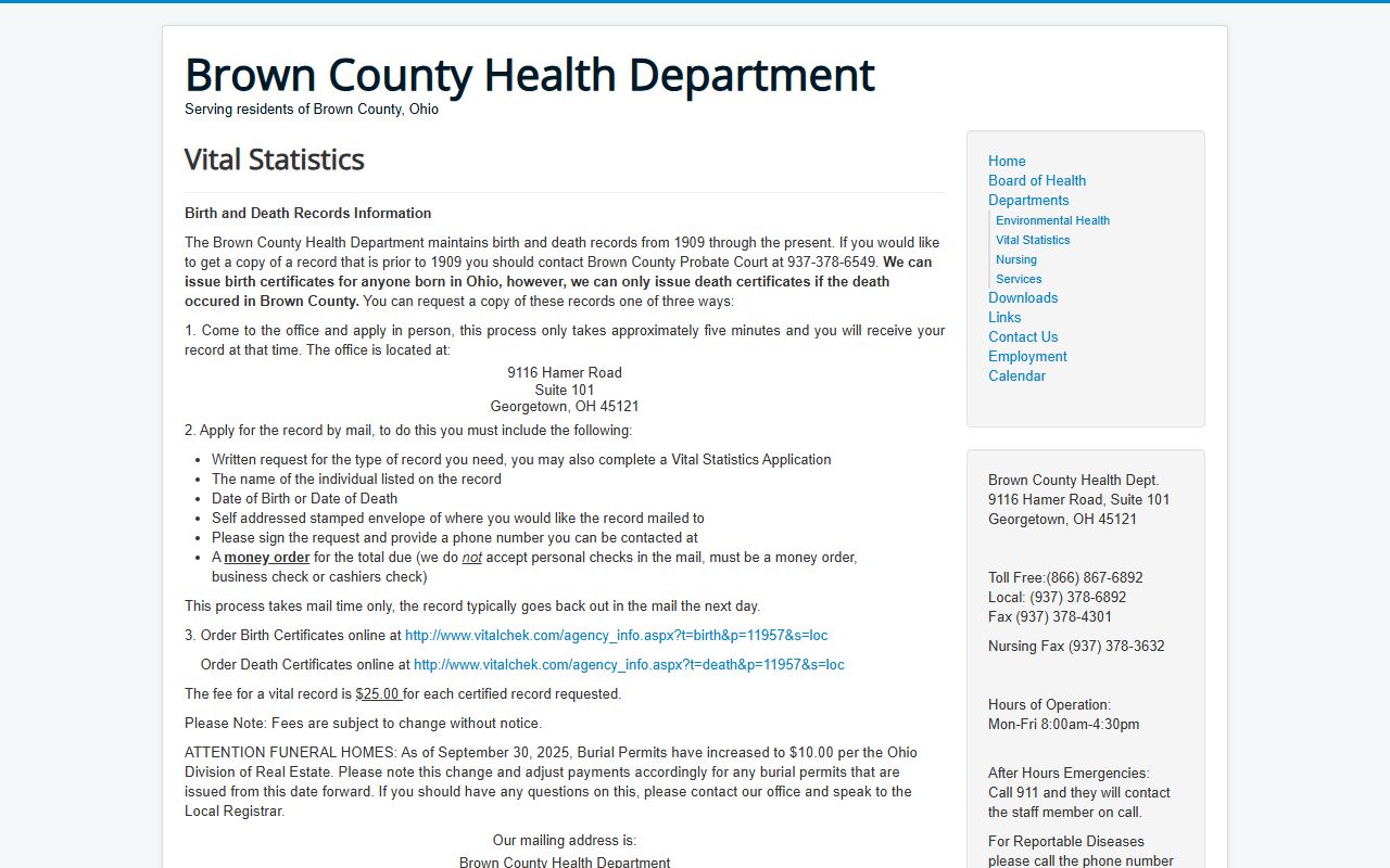 Brown County obituary death records health department vital statistics page