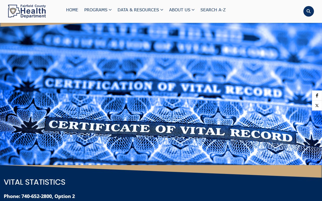 Fairfield County Health Department vital statistics page for death certificate orders