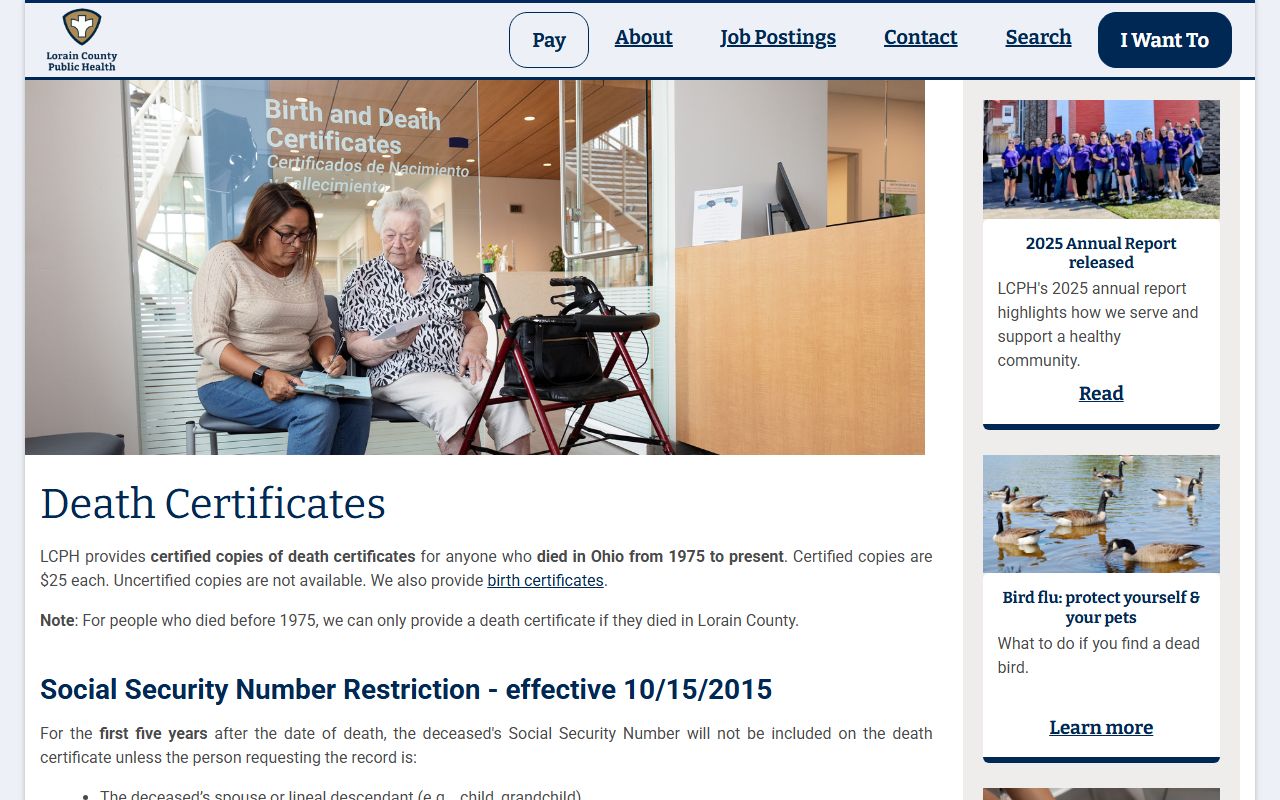 Lorain County Public Health death certificate ordering page