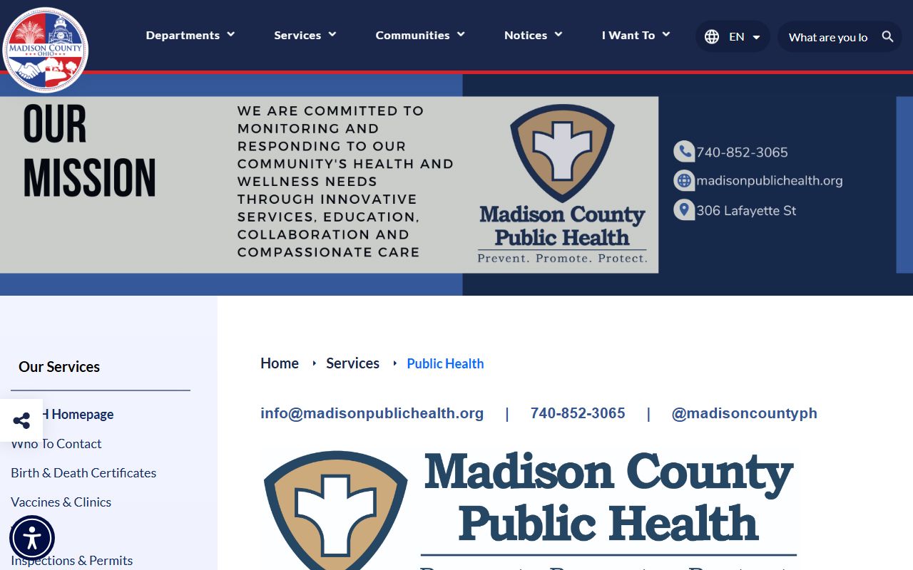 Madison County Health Department website for death certificate ordering