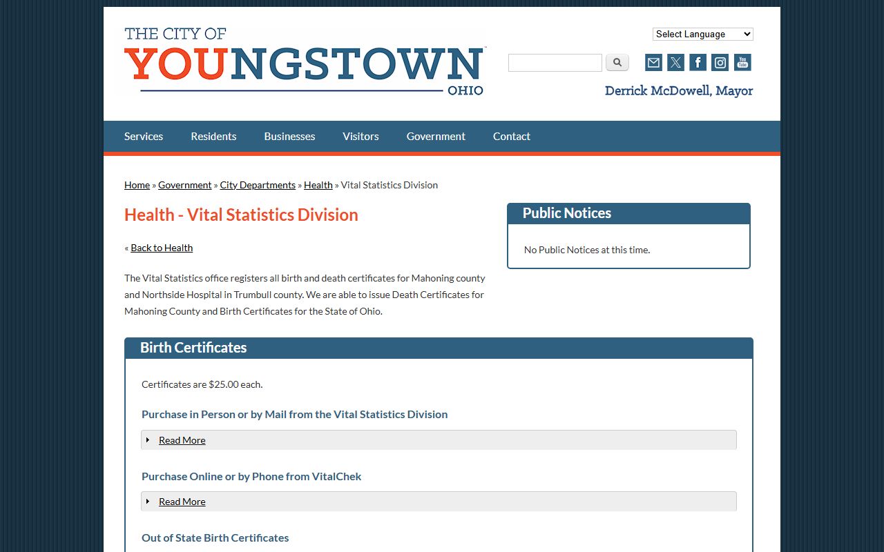 Youngstown City Health District vital statistics for Mahoning County death records