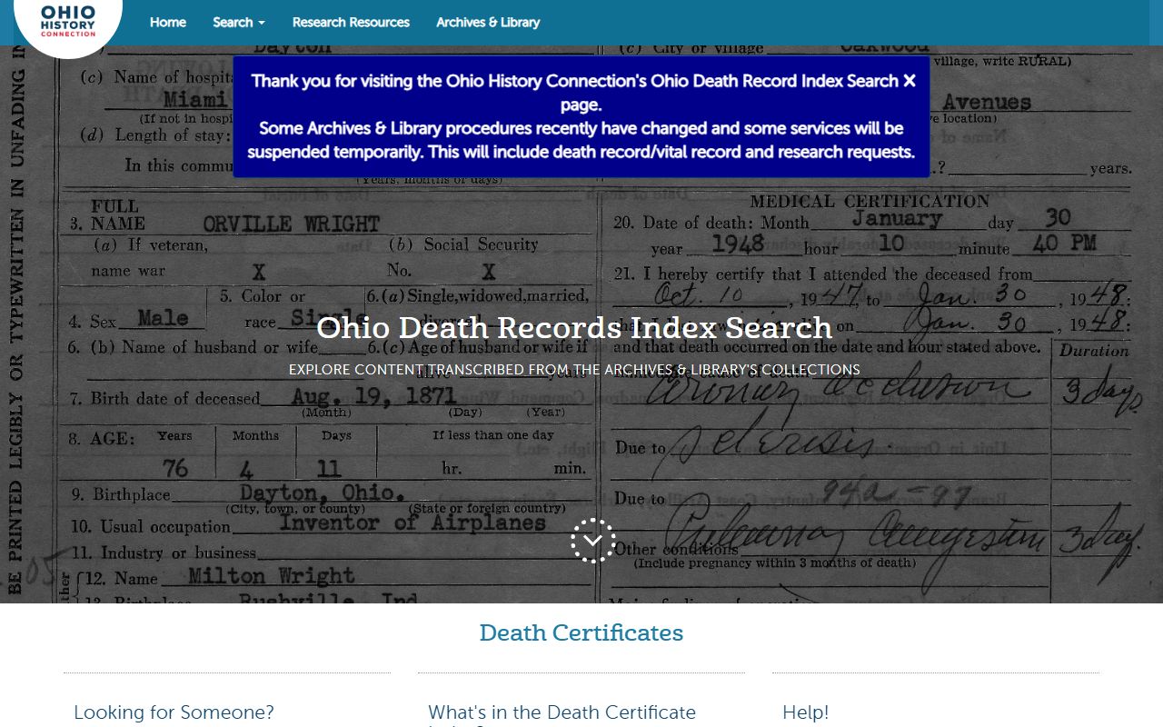 Ohio Death Record Index search for obituary records