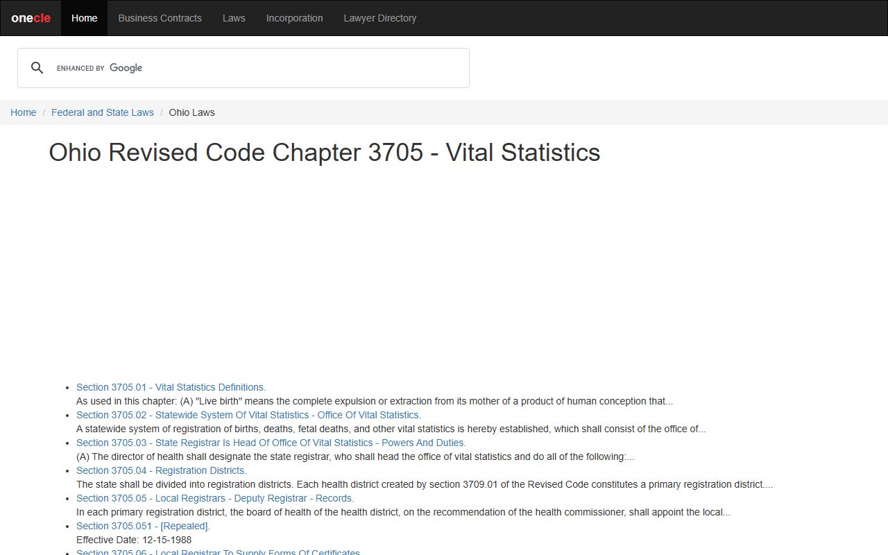 Ohio Revised Code Chapter 3705 obituary vital statistics laws